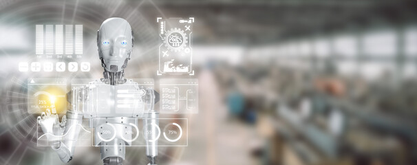 Artificial Intelligence Robot in Factory Production Line for Smart Engineering and Automated Manufacturing with Futuristic AR Technology. Industrial Automation through AI.