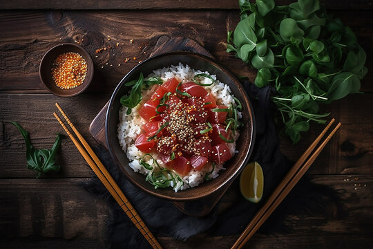 Top view of a bowl of poke with salmon, tuna, avocado rice, herbs, sticks, dark wooden background, generative ai