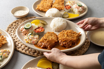 Pork cutlet set meal Korean food dish meal dongaseu Tonkatsu Fish Cutlet with Tartar Sauce Cheese Tonkatsu Meal Cheese pork cutlet set