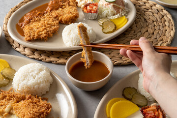 Pork cutlet set meal Korean food dish meal dongaseu Tonkatsu Fish Cutlet with Tartar Sauce Cheese Tonkatsu Meal Cheese pork cutlet set