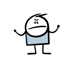 Angry 2D cartoon stickman spreads his arms and catches, stops the ball in the goal.