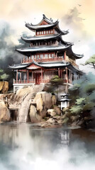 Fototapeta premium Watercolor illustration of beautiful Chinese style architecture 