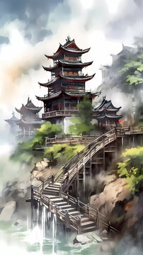 Watercolor illustration of beautiful Chinese style architecture
