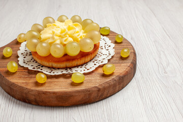 front view cream cake with fresh grapes on white background pie fruit cake biscuit cookie tea