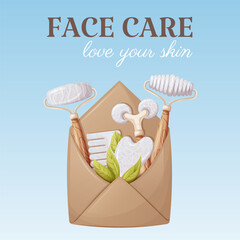 Envelope with gua sha massage tools. Scraper, rollers, comb made of natural stones, white agate, rose quartz. Face care, love your skin, square card. Vector illustration