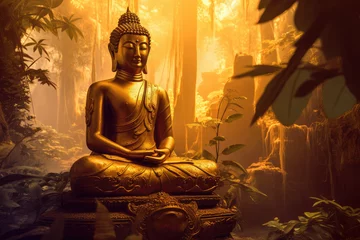 Poster Golden buddha statue meditating in jungle background, generative AI © Kien