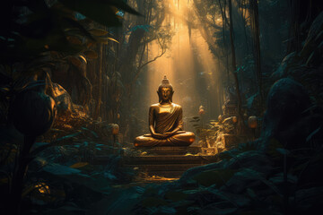 Golden buddha statue meditating in jungle background, generative AI - obrazy, fototapety, plakaty