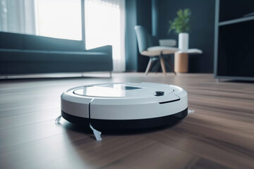 Smart cleaning robot vacuum cleaner on the laminate in the living room. Robotic vacuum cleaner on a wooden floor cleans up dirt and dust in a room furnished with furniture and a sofa. Generative AI