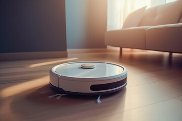 Smart cleaning robot vacuum cleaner on the laminate in the living room. Robotic vacuum cleaner on a wooden floor cleans up dirt and dust in a room furnished with furniture and a sofa. Generative AI