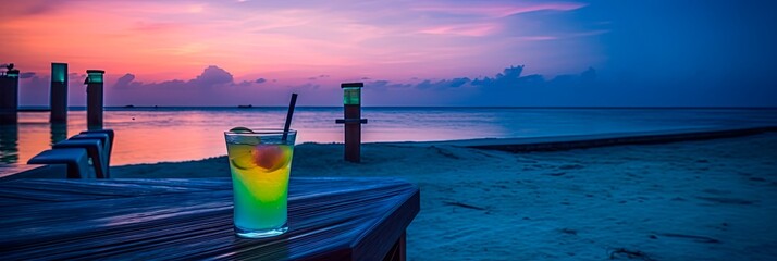 Evening scenery with beach cocktail and small coastal bar. Generative AI