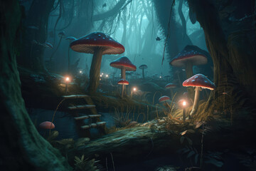 Mushroom Wallpaper ,Fantasy Wallpaper, 4K, Mushroom Light, Fantasy Mushroom, Jungle, Forest Mushroom, Jungle Background, generative AI