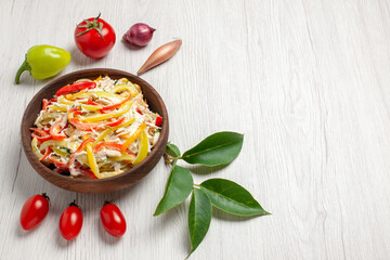 front view delicious chicken salad with mayyonaise and vegetables on white desk snack ripe meal color meat fresh salad