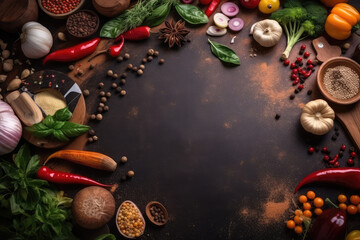 Spice herbs and vegetables frame food background and empty cutting board, generative AI