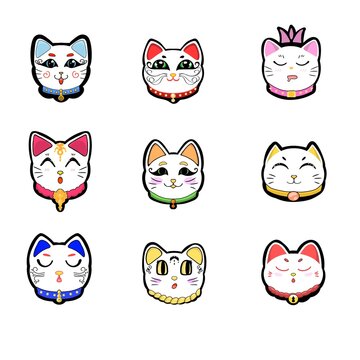 set of funny cats, Japanese drawings face cat