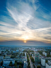 Widok na miasto z lotu ptaka, zachód Słońca, Kraków Krowodrza.