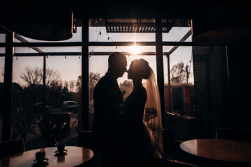 Fototapeta na wymiar Newlyweds stand beside window. silhouette of groom and bride