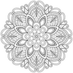 Colouring page, hand drawn, vector. Mandala 169, ethnic, swirl pattern, object isolated on white background.
