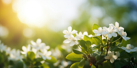 Jasmine flowers. blooming jasmine bush with white jasmin flowers closeup. Flowering jasmine tree,...