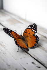 Fototapeta na wymiar Butterfly on white wooden background. ai
