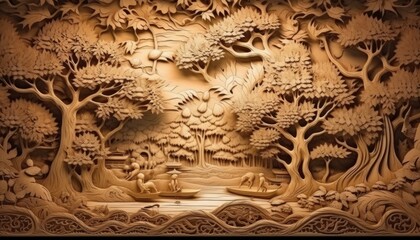 Fototapeta na wymiar Wood carving art, dragon, lion, rabbit, forest wood carving patterns. Generative Ai