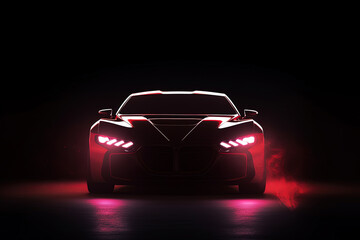 Obraz na płótnie Canvas Front view dark silhouette of a modern sport red car isolated on dark background with red neon light and smoke. Created with Generative AI Technology