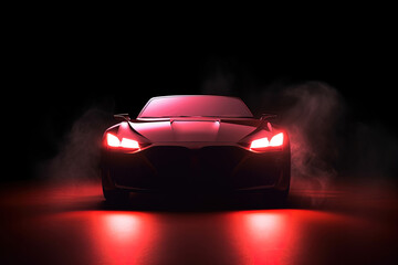 Fototapeta na wymiar Front view dark silhouette of a modern sport red car isolated on dark background with red neon light and smoke. Created with Generative AI Technology