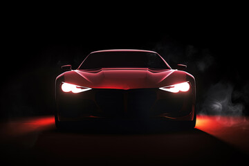 Naklejka premium Front view dark silhouette of a modern sport red car isolated on dark background with red neon light and smoke. Created with Generative AI Technology