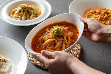 Korean food dish meal Cream tteokbokki Spicy stir-fried rice cake Jalapeno Oil Rosé