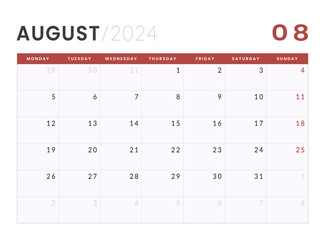 Monthly Calendar Template of august 2024. Vector layout of a wall or desk simple calendar with week start monday