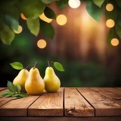 Background. Wooden tabletop and three pears. pear trees. Banner. copy space. Generative ai