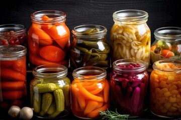 Fototapeta na wymiar jars of canned vegetables are on a shelf - AI