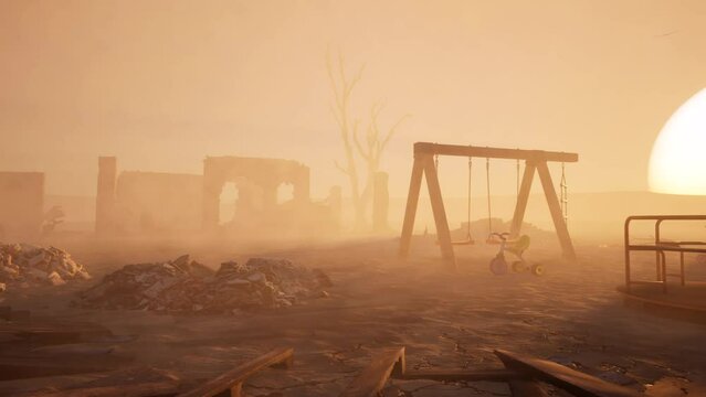 Playground ruins in the desert in front of a large sun, with volumetric light rays, destroyed buildings, debris and dust particles all over, dystopian apocalyptic scenery, 3D animation camera rotate