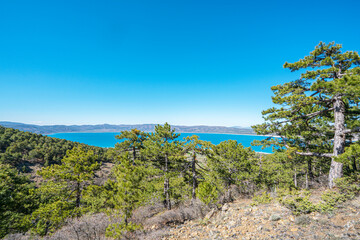 the scenic view of Salda lake from the Tınaz Tepe (2079) m. in Yeşilova, Burdur