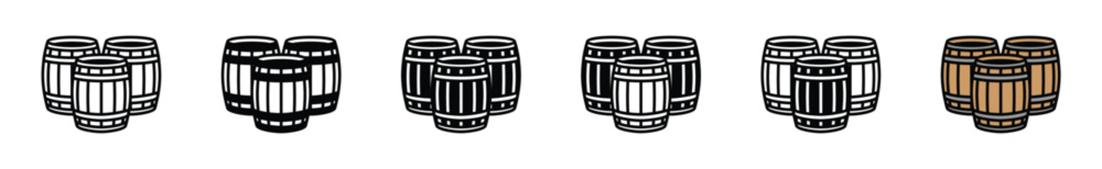 Barrel stack icon vector set. Wooden keg icons in thin line, flat, and color style with editable stroke on white background. Beer and brewing sign and symbol. Vector illustration