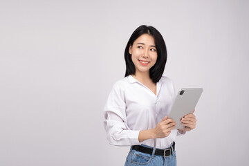 Portrait smile confident asian business woman  holding digital tablet on white background