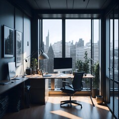 Ein Büroraum im realistischem Stil, wo eine moderne stilvolle Einrichtung zu sehen ist, im Hintergrund aus dem Fenster sieht man die Innenstadt einer Kleinstadt, 