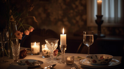 Elegant Romantic Candlelit Dinner Table Setting (generative AI)