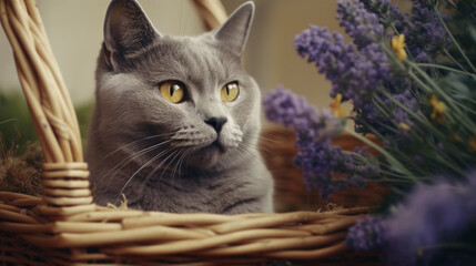 Fototapeta na wymiar Cat in a straw basket with flowers Generative AI 