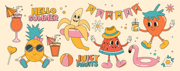 Groovy summer sticker set with summer fruits and elements. Strawberry, watermelon, pineapple, banana. Cartoon characters in trendy retro style, comic mascot characters.