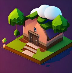 Isometric 3D Fantasy Cute House, very realistic