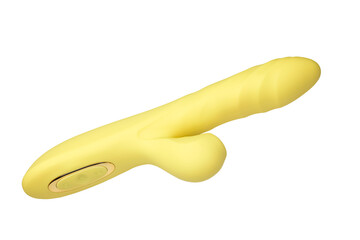 sex toy yellow vibrator for the clitoris on a transparent background - obrazy, fototapety, plakaty