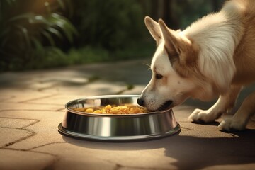 a dog consuming its meal from a dish made of metal. Generative AI