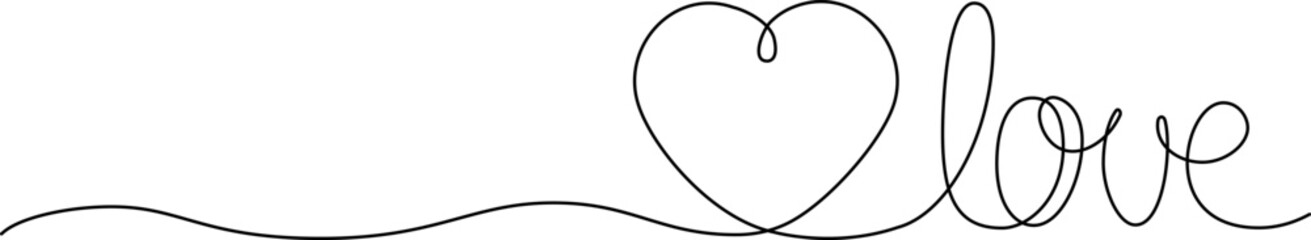 continuous single line drawing of word LOVE and heart shape, line art vector illustration