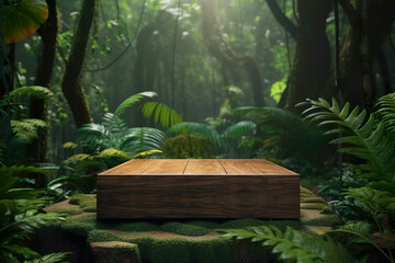 Natural wood podium product display with tropical leaves background generative ai