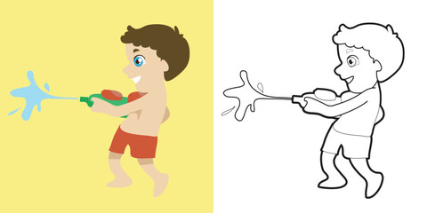 Coloring page outline of young boy playing the water guns during the summertime. Coloring worksheet for kids. Vector black and white coloring page. Vector illustrations file.