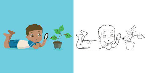 Coloring page outline of a cute curly hair little boy checking the plant with the magnifying glass. Colouring book for kids. Vector black and white coloring page. Vector illustrations file.