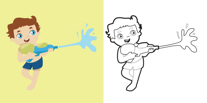 Coloring page outline of young boy playing the water guns during the summertime. Coloring worksheet for kids. Vector black and white coloring page. Vector illustrations file.