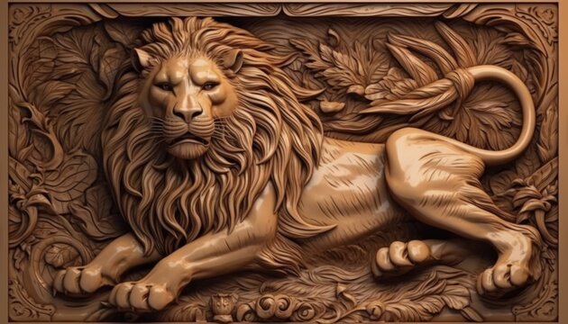 Wood carving art, dragon, lion, rabbit, forest wood carving patterns. Generative Ai