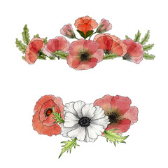 Watercolor postcard, invitation, greeting with poppy and anemone flowers. Illustration of flowers on white background. Blank template.