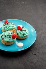 front view little creamy cakes delicious sweets for tea inside plate on a dark desk cream cake biscuit dessert tea color